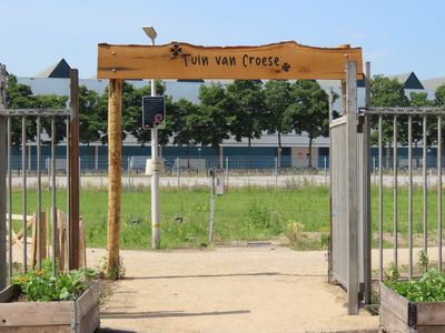 915075 Afbeelding van de onlangs gemaakte toegang naar de 'Tuin van Croese', in de Veemarktstraat bij de Croeselaan te ...
